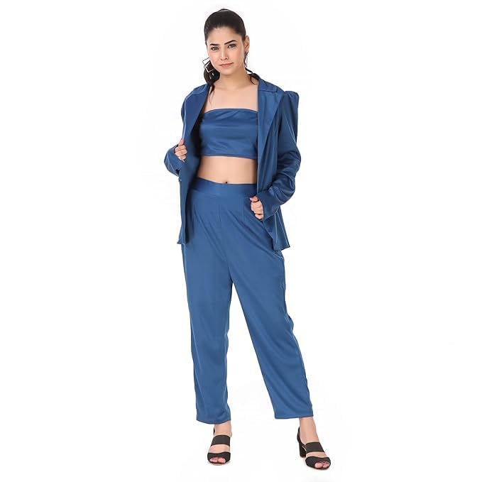 Unique Cotton Blend Navy Blue Pant Suit | Women's V-Neck Notched Lapel Blazer & Trousers | Elegant Formal Outfit for Office, Events & Special Occasions-image-25