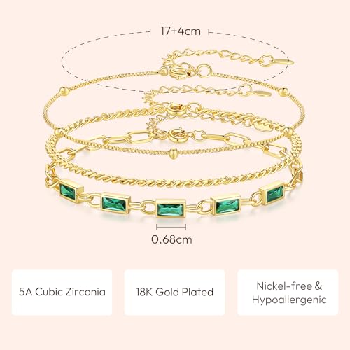 Gold Birthstone Bracelet for Women, 18K Gold Plated Layered Jewelry Bracelet Set, Women Dainty Stackable Bracelets Link Paperclip Chain Valentines Day Gift for Women4