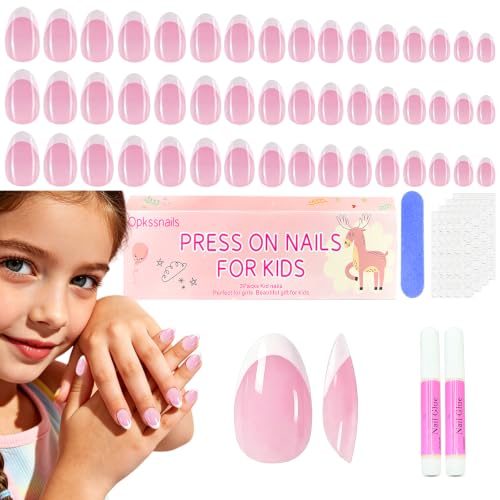 OPKssnails Press on Nails for Kids,96PcsShort Almond Pink French Kid Nail