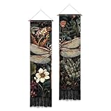PLIGREAT 2 Pack Dragonfly Wall Tapestry with Tassels, Vintage Aesthetic Tapestries Vertical Plants Florals Wall Hanging Long Narrow Art Decor for Bedroom Living Room Home, 52' x 13'