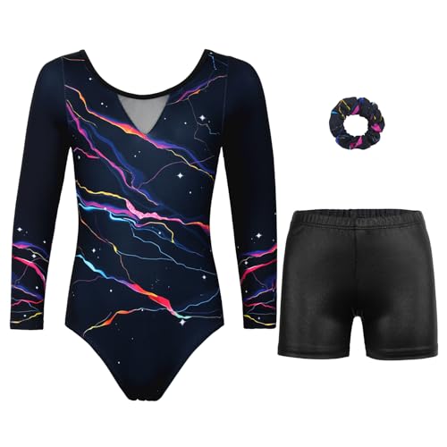 Gymnastics Leotards for Girls With Shorts Sparkly Ballet Dance Long Printed Sleeve Outfit 12-13 Years Colorful Lightning