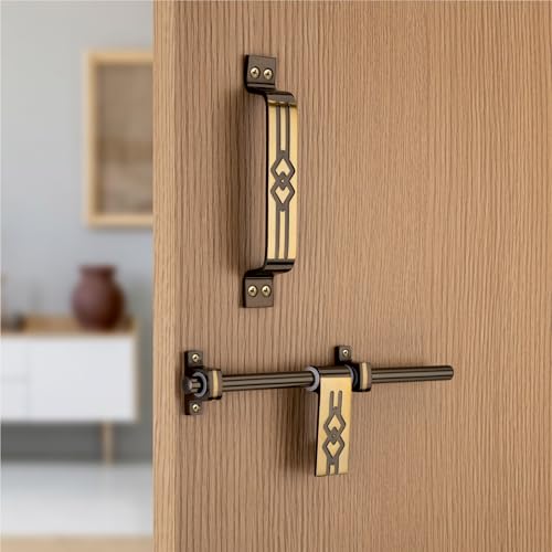 Image of COMPASS Seiko Stainless Steel Heavy Single Door Fitting Accessories Full Set /Kit (1 Aldrop, 1 Latch, 2 Handles, 1 Tower Bolt and 1 Door Stopper | 10 inch | Vintage Finish