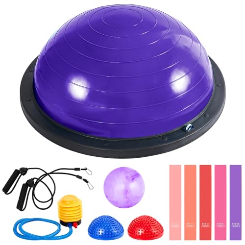 Honoson Half Ball Trainer Yoga Ball with Resistant Band Foot Pump Set Half Exercise with Fitness Elastic Belt Hedgehog Balance Pods for Core Stability Full Body Workout Gym(Purple 23.2 Inch)