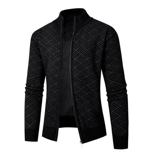 Men's Fleece Lined Cardigan Sweater Thickened Warm Full Zip Sweaters Stand Collar Casual Knitted Cardigan with Pocket