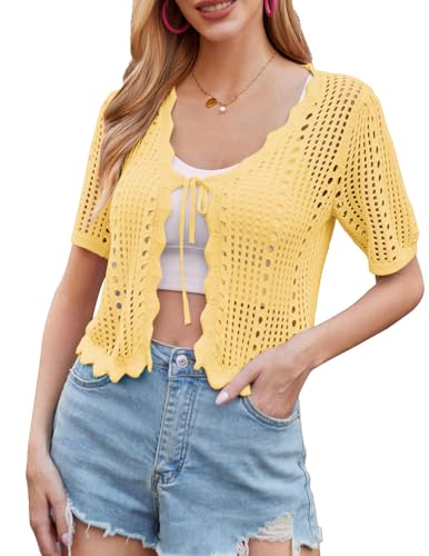 Image of Kate Kasin Women Crochet Shrug Knit Sweater, Short Sleeve Cropped Cardigan | Tie Front Tops Light Weight, Knit Cover Up Arm Bolero For Evening Dresses Dressy Casual, Ladies Eyelet Shawl Thin Formal