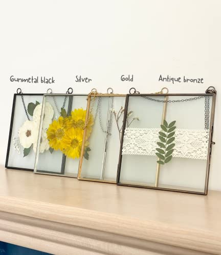 Glass Frame for Pressed Flowers, Leaf and Artwork - Hanging Square Metal Picture Frames, Double Glass Floating Frame, Wall Decor Photo Display, Flower Press Frames with Chain (Antique bronze, 8x8)