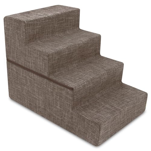 Image of Best Pet Supplies Dog Stairs & Steps - Foam Steps for Small Dogs & Cats, Non-Slip Indoor Balanced Pet Step Support, Dog Ramp, No Assembly, Brown Linen, Foldable 4-Step (22-inch Height)