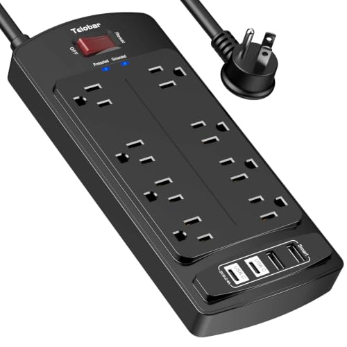 Image of Surge Protector Power Strip - Teiobar Flat Plug Extension Cord with 8 Outlets and 4 USB Ports, 6 Feet Power Cord, 2700 Joules, ETL Listed, Black
