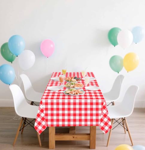 Image of SietDESEO 2 Pack Red Gingham Tablecloth Rectangle 54 x 108 Red and White Checkered Table Cloth Disposable Plaid Table Cover Plastic for Birthday Baby Shower Picnic Wedding Party Supplies