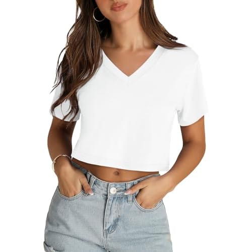 Womens Crop Tops Summer Baisc Tees V Neck T Shirts Casual Short Sleeve Cropped Top 2026
