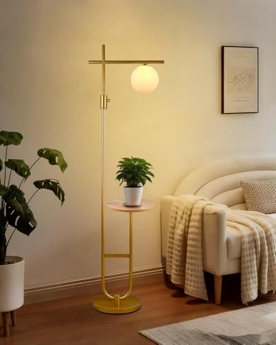 Image of Lightdot 66IN Gold Dimmable Floor Lamps with Table, Modern Standing Tall Lamp with Globe Lampshade, Cross-Shaped Lamp Head U-Pole Base for Living Room /Bedroom /Sofa Beside /Corner Decor(Bulb Included)