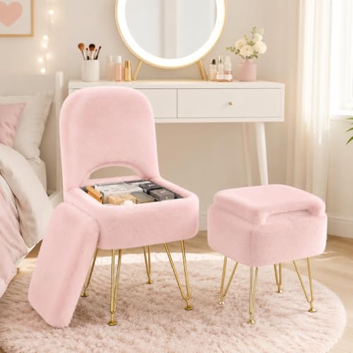 KAPEICamper Vanity Chair with Storage & Foldable Backrest Faux Fur Soft Ottoman for Teen Makeup Chair with Anti-Slip Adjustable Foot Pads for Dressing Table Small Vanity Stool - 34x38x76cm (Pink)