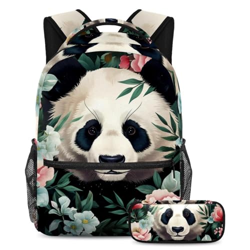 Sac à dos panda avec trousse assortie grand cartable scolaire à motif floral coloré pour élève