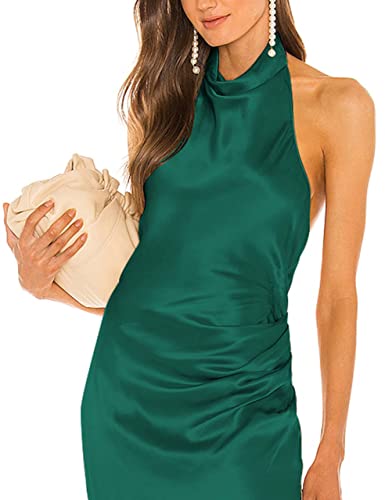 Belongsci Women's 2023 Summer Halter Neck Satin Dress Backless High Split Formal Wedding Guest Maxi Dresses #TOP3