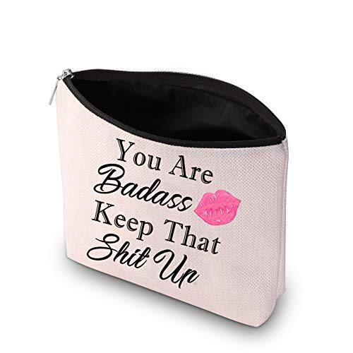 PXTIDY Funny Saying Quote Makeup Bag You Are Badass Keep That Shitup Cosmetic Bag Makeup Pouch Travel Bags Funny Gift (beige)2