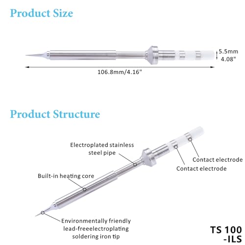 Image of TS100-ILS Soldering Iron Tips, Rapid Heating Replacement Solder Tips Compatible with TS100, TS101, Pine64 and Pinecil Soldering Irons -Accurate Soldering Easy to Install