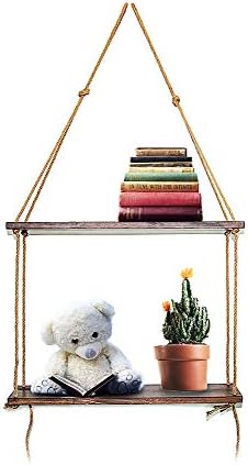 FYT Rope Hanging Floating Shelves, Window Plant Shelf, Rope Swing Shelf with Jute Rope for Wall Decoration Brown, 2 Tier