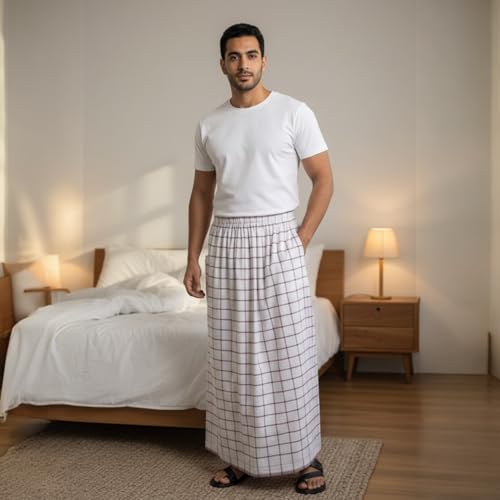 وزرة مطاطي مع جيب جانبية للرجل باللون الأبيض وزره صيفي مريحة وبارد للرجال وزرة رجالي معوز ، فوطه رجال رجليه مناسب للمنزل النوم شورت رياضي الرياضة للرياضيه تمارين (أبيض مقلمم 3 خطوط عدي)