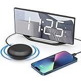 Mesqool 目覚まし時計振動式 バイブレーショ付き 絶対起きれる 8.7インチ大型LEDディスプレイの鏡面ミラークロック 輝度調整＆ボリュームが調節可能な大音量 ダブルアラーム＆12/24Ｈ表記＆スヌーズ＆時間設定記憶（電池付属）＆サマータイム＆USB充電ポート付き 独立スイッチで操作簡単 寝室/オフィス適用のおしゃれ置時計 子供/高齢者/視覚障害者向けめざまし 強力アラーム 二度寝防止