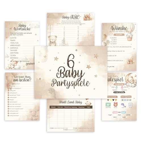 colortouch Babyshower Spiele 50 Karten 6 witzige Ratespiel Set für Babyparty zum Ausfüllen (10 Stück) Partyspiele Babyshower für Mädchen und Junge Babyparty Schwangerschaft Geschenk DIN A5 Boho