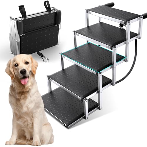 Gimars Extra Breite Hundetreppe Auto bis 75KG für große Hunde, Hundetreppe Auto klappbar mit ACL, Leichtgewichtige Aluminium Hundetreppe faltbar für SUV, Jeep & LKWs