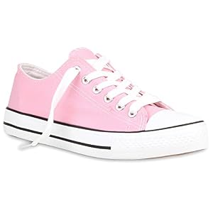 stiefelparadies stiefelparadies Sportliche Damen Sneakers Metallic Schnürer Sneaker Low Spitze Turn Blumen Denim Stoff Flats Schuhe 105968 Rosa 37 Flandell