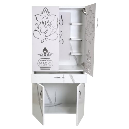Image of White Marble Finish Mandir for Home with LED Light | OM Trishul Design | Large Size 130 x 60 x 34 cm | Modern Wooden Temple with Storage