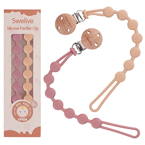 Image of Pacifier Clips for Baby Boys Girl, 2 Pack Pacifier Holder Clips, One-Piece Binky Clips, Wooden Clips Design, Soothe Paci Clip Baby Binky Holder for Shower and Birthday Gift(Apricot+Dusty Rose)