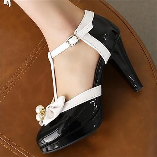 Image of Elbslutt Women's Cute Retro Rockabilly Shoes T Strap Mary Janes Heels Chunky Cosplay Shoes Sweet Block Heeled Bow Pumps