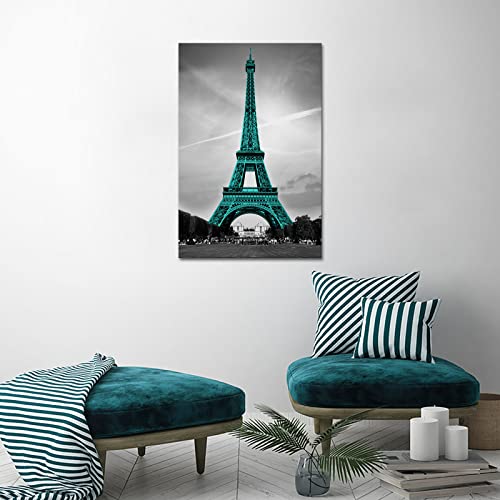 Tiuauit Teal Eiffel Tower Canvas Wall Art Black And White Cityscape Picture Prints Modern Building Artwork For Living Room Bedroom Stretched And Framed Ready To Hang 24"X36" #TOP2