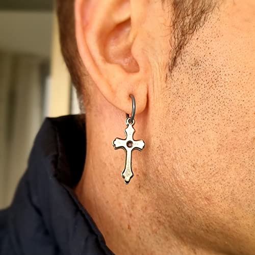 Mens Hoop Earring With Cross Pendant For Men Single Black Mens Earring Mens Jewelry Black Cross Earring Catholic Cross Earring Gothic Earring Guys Earring #TOP1