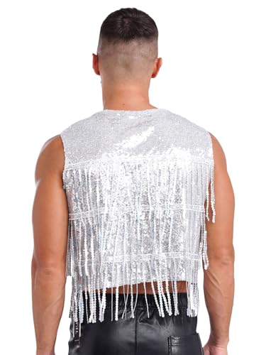 YiZYiF Men's Sequin Fringe Vest Sparkly Open Front Waistcoat Sleeveless Jackets Disco Vest Coat Tops4