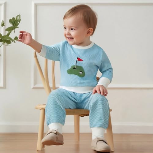 Toddler Baby Boy Golf Outfit Hole in One Embroidery Striped Sweatshirt Top Long Pants Set Fall Winter Golf Clothes2