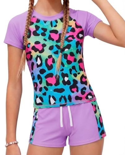 Image of JiAmy Girls Swimming Costume Kids Two Piece Short Sleeve Swimsuit UV Sun Protection Swimwear Summer Beach Bathing Suit Purple Leopard 6-7 Years