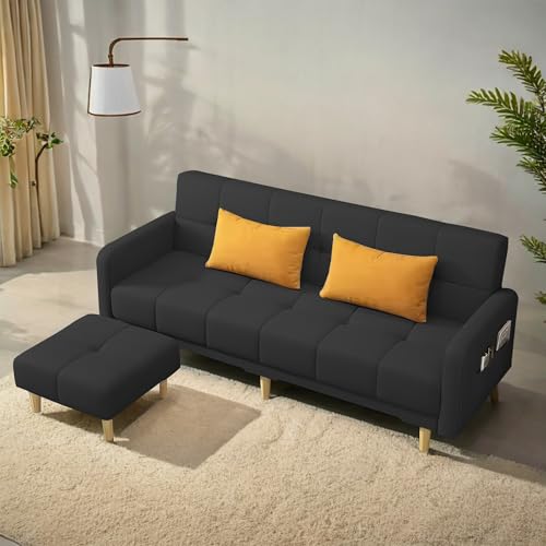 Image of Casaliving Melfoy 3 Seater Sofa Cum Bed for Living Room with Ottomon (Black Fabric) Premium Fabric Sofa