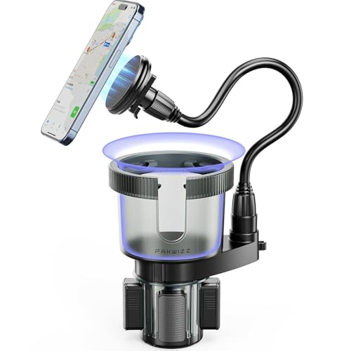 2-in-1 Car Cup Holder Expander for Phone MagSafe, Upgraded Cup Holder Phone Mount for Car with Adjustable Base, Compatible with Yeti 20/26/30 oz, Hydroflask 32/40 oz (Transparent Black) by PakWizz - Used condition - US$16.89