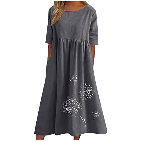 Musselin Kleid Damen Baumwolle Leinenkleid Kurzarm Sommerkleider mit Taschen T Shirt Kleid Vintage Chic Strandkleid Sommer Rundhalsausschnitt...