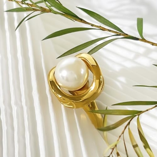 Kokoma Fashion Pearl Statement Ring for Women Gold-Tone Stainless Steel Minimalist Stacking Promise Ring Engagement Wedding Band Birthday Comfort Fit3