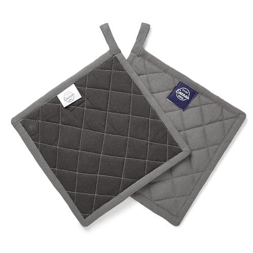 Encasa XO Heat Resistant Cotton Pot Holders With Hanging Loop - Set Of 2 - Grey - Multipurpose Quilted Everyday Hot Pad For Kitchen, Camping, BBQ & Microwave - 21 cm