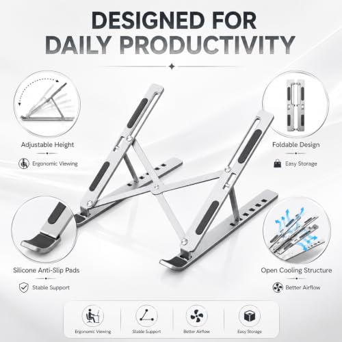 Image of Adjustable Foldable Laptop Stand with Multiple Height Adjustment | Portable Design, For Desk Use, Laptop Holder, Foldable Build