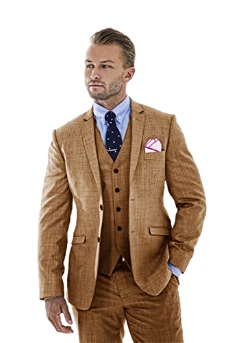 Men's Linen Suits 3-Piece Slim Fit Lightweight Jacket Vintage Wedding Dress Tuxedo Blazer Vest Pant Khaki-L #TOP4
