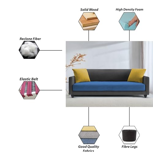 Image of Casaliving Dominic 3 Seater Sofa Set for Living Room (Black Blue Fabric) Premium Fabric Sofa