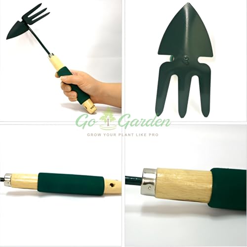Image of Go Garden 2 in 1 Double Hand Hoe Gardening Tool with Wooden Handle - Hand-Held Dual-Sided Garden Cultivator Weeding Combo | Durable, Efficient, and Ergonomic Design for Easy Garden Maintenance