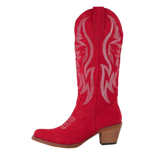 Image of LingxiaUne Cowboy Boots for Women Floral Cowgirl Boots with Pointed Toe and Chunky Heel Mid Calf Western Boot for Concert Festival Country Night Party