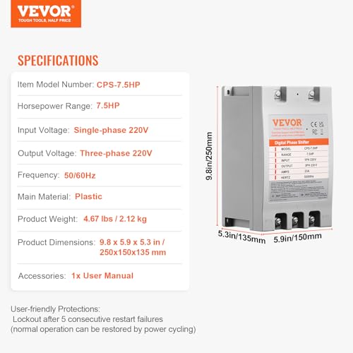 VEVOR 3 Phase Converter - 7.5HP 23A 220V Single Phase to 3 Phase Converter, 220V-240V Input/Output, Digital Phase Shifter for Residential & Light Commercial Use (One Converter for One Motor Only)