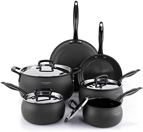 Fleischer & Wolf Aluminum Black Nonstick Cookware Set (10-Piece) -Titanium Ceramic Coating Interior Cuisine Set-Oven and Grill safe Kitchen Pots and Pans Set - Hand Wash Recommended