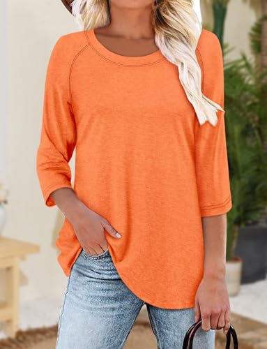 KISSMODA Tunic Tops for Women Loose Fit Dressy Round Neck Pleated 3/4 Length Sleeve Spring Tops