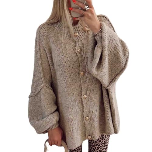 Women's Winter Button up Cardigan Wool Sweater Stand Collar Lantern Long Sleeved Thick Knitted Jacket Jacket top