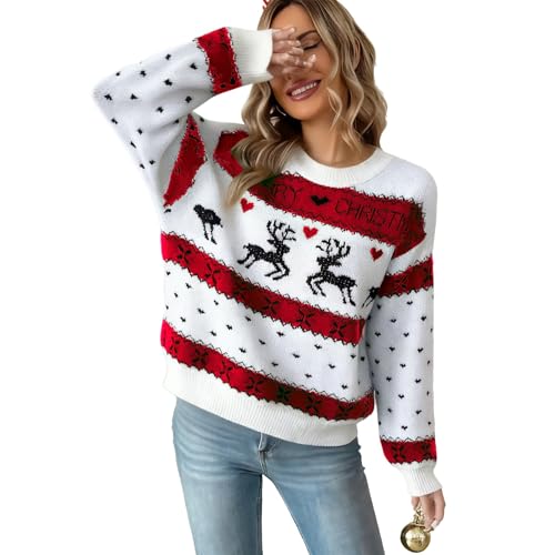 Jersey de Navidad para mujer, ajuste regular, diseño de reno, letras gráficas, suéter de punto, rosso, M
