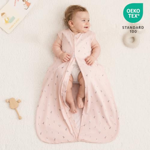 Image of PHF 100% Organic Cotton Baby Sleep Sack 6-12 Months, Soft Lightweight Wearable Blanket for Babies, 2-Way Zipper 0.3 TOG Comfy Toddler Sleeping Sack 3 Pack for Boys Girls Neutral, Pink Floral (Medium)